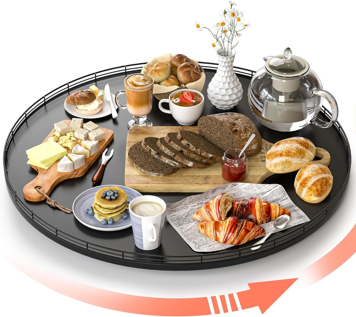 24" Oak Wooden Lazy Susan Turntable for Dining Table, Extra Large Round Lazy Susans Organizer for Kitchen Countertop Charcuterie Boards Cheese Board Organization and Storage Black Home Decor