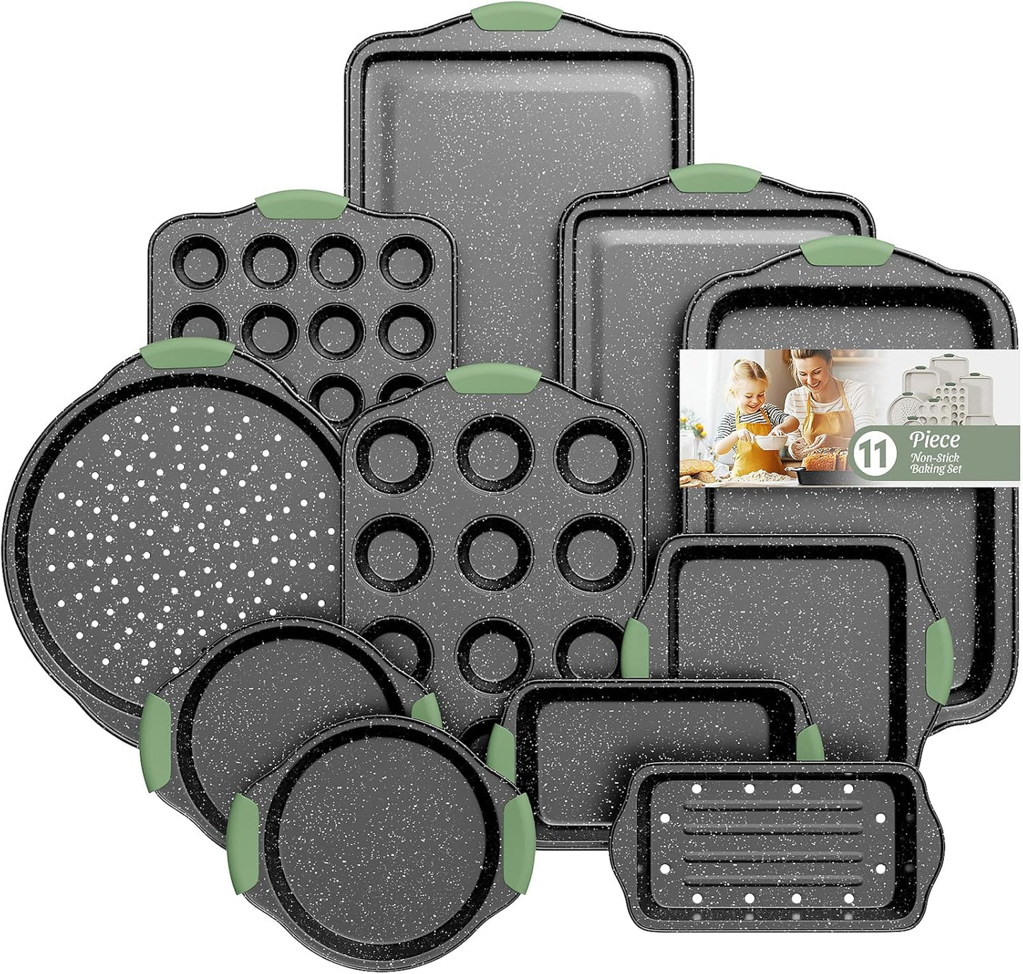 11-Piece Nonstick Bakeware Set, Stackable & Oven-Safe Kitchen Baking Pans with Silicone Handles - Includes Cookie Sheet, Cake Pan, Muffin Tin, Pizza Stone & Bread Loaf Pan, Dark Green&Black