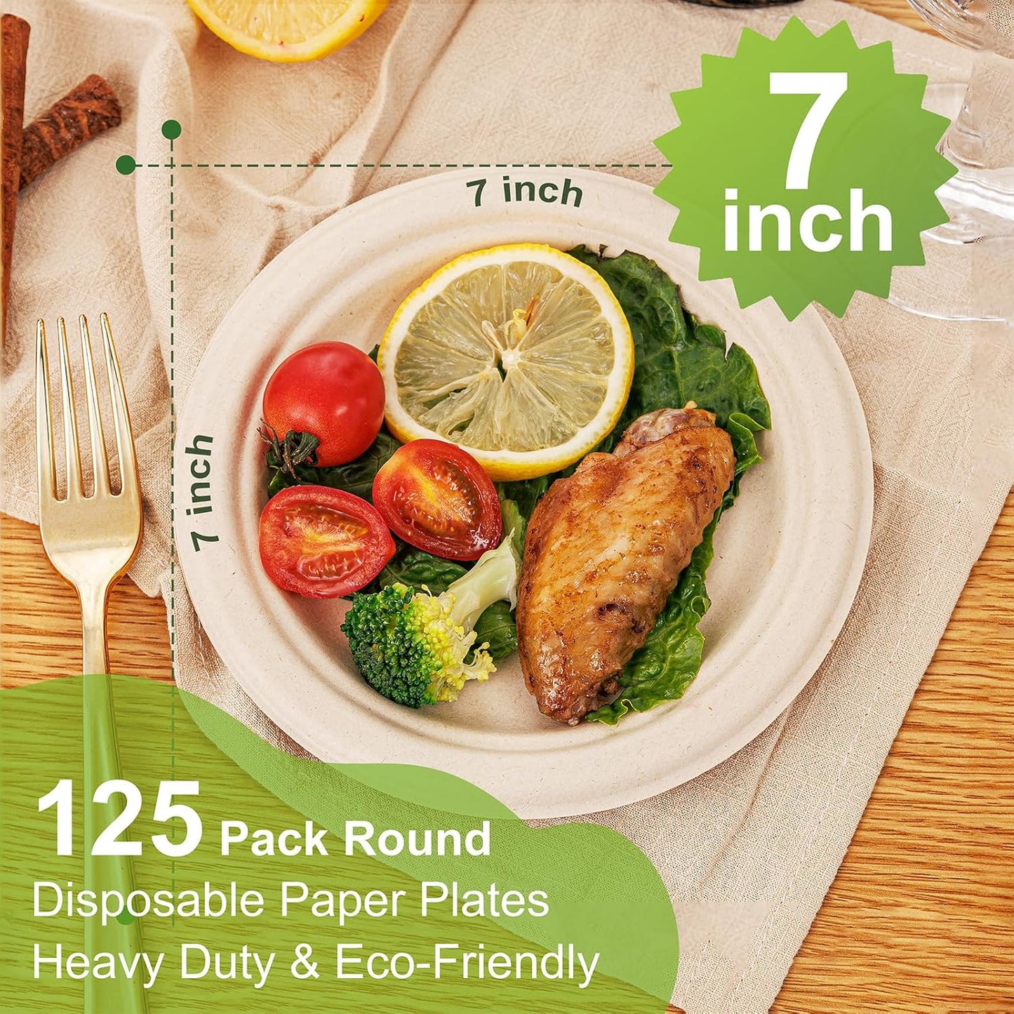 WELLIFE 100% Compostable Paper Plates 7 Inch, 125-Pack Dessert Paper Plates Bulk, Biodegradable Bagasse,Eco-Friendly Disposable Plate Small for BBQ,Picnic,Party (BPI Certified,Microwaveable)