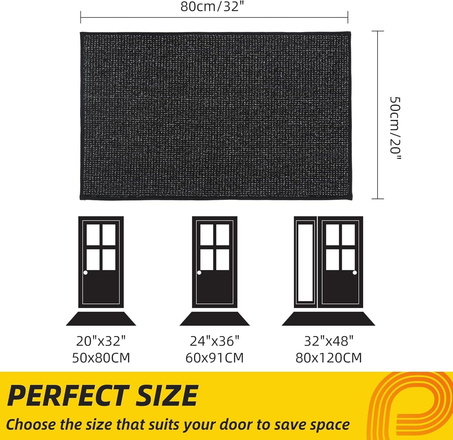 JSEI Dirt Trapper Door Mat 20"x32" Non-Slip Washable Entrance Mat, Dog Doormats, Absorbent & Fade-Resistant Floor Mats, Low Profile Welcome Mats for Entryway, Front Door, and Inside Entrance, Black