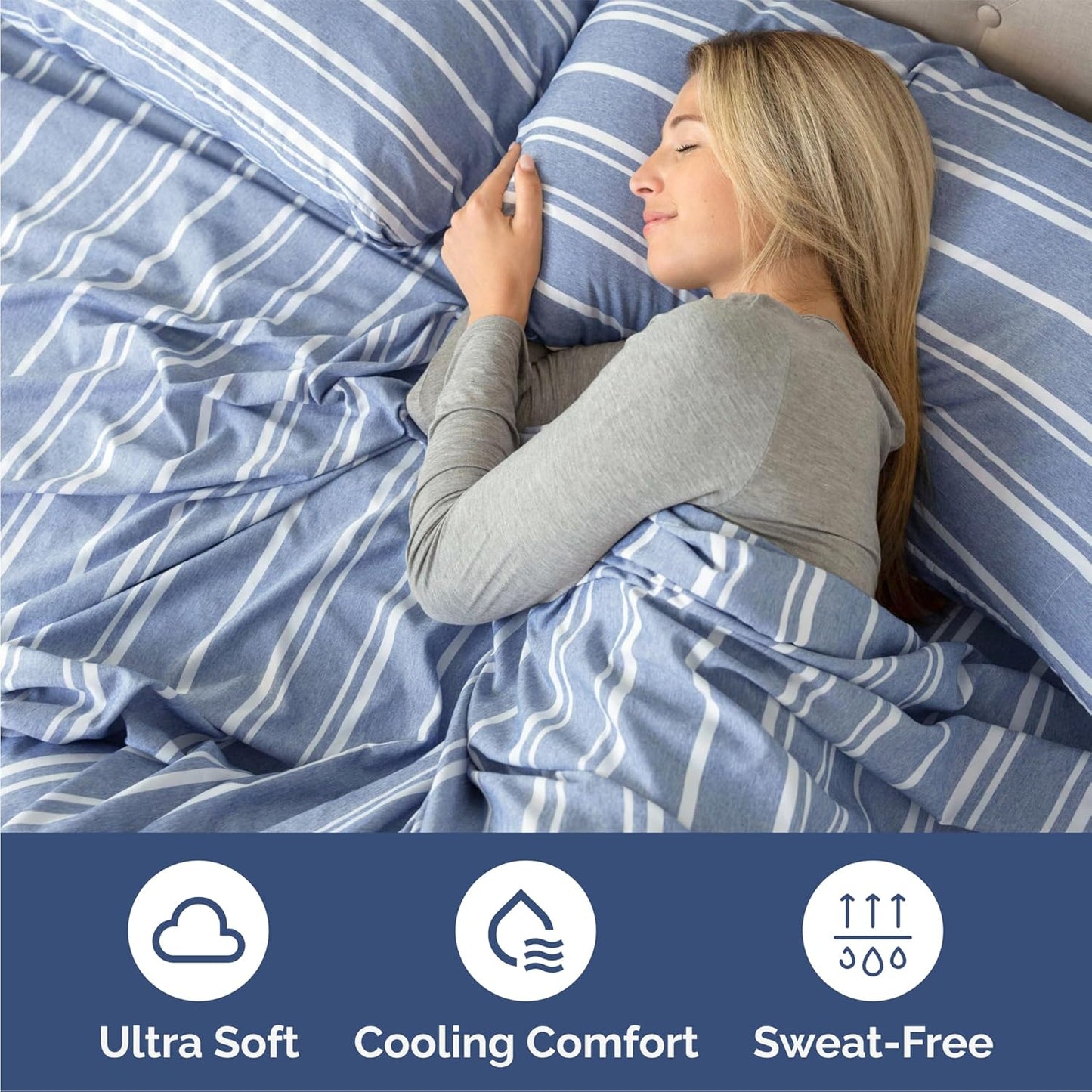 Queen Size 4 Piece Sheet Set - Comfy Breathable & Cooling Bed Sheets Set - Hotel Luxury Bedding for Women, Men, Kids, Teens, Boys & Girls - Deep Pockets, Soft, Wrinkle Free - Oeko-Tex - Blue Stripes 3