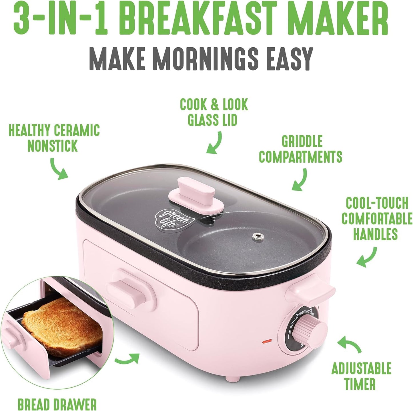 GreenLife 3-in-1 Breakfast Maker Station, Healthy Ceramic Nonstick Dual Griddles for Eggs Meat Sausage Bacon Pancakes and Breakfast Sandwiches, 2 Slice Toast Drawer, Easy-to-use Timer, Pink