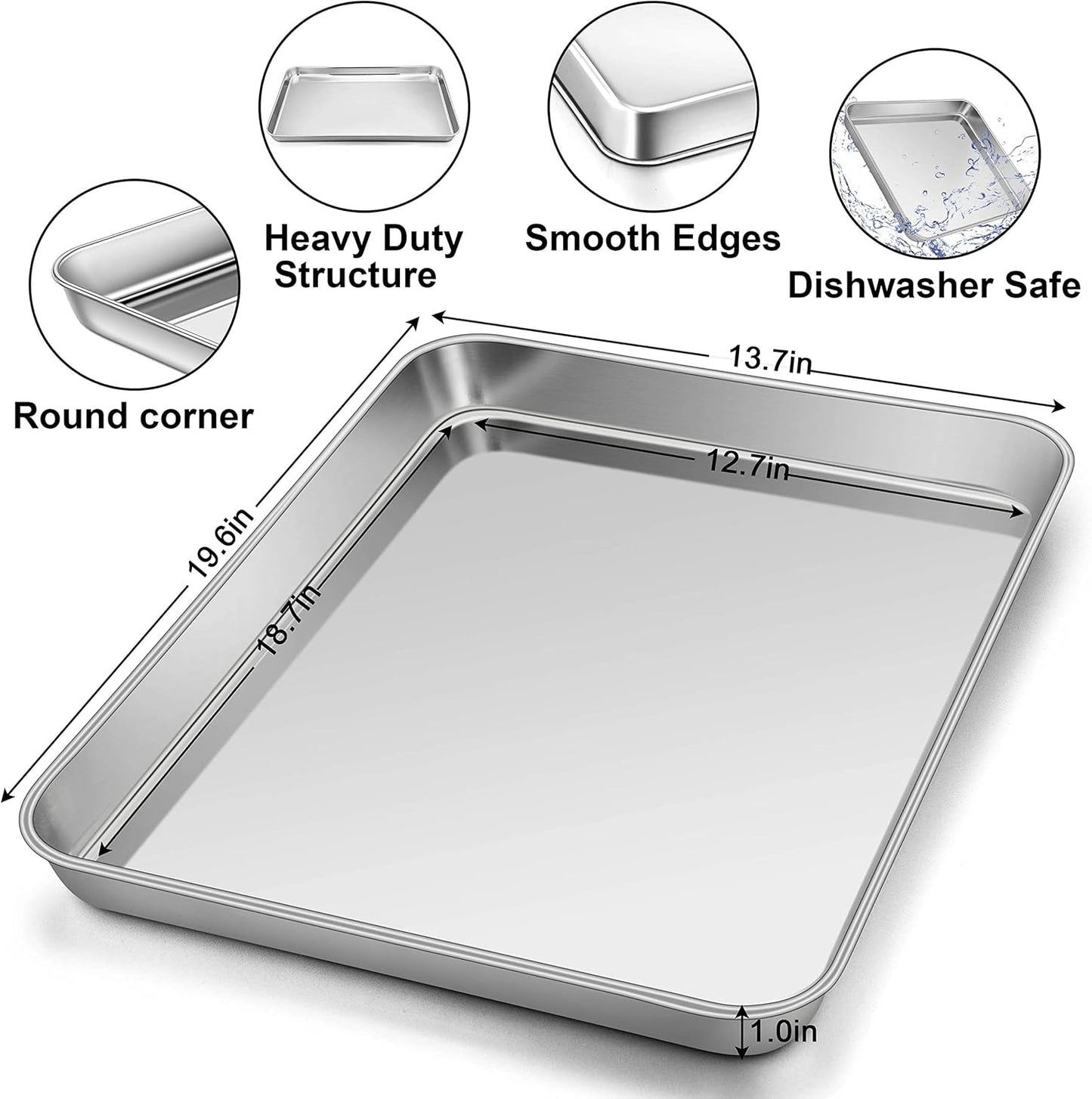 Homikit Baking Cookie Sheet Set of 2, Stainless Steel Cooking Sheets Pan Tray for Oven, 20 x 14 Large Metal Half Sheet for Cooking Baking, Rustproof & Heavy Duty, Mirror Finish & Dishwasher Safe