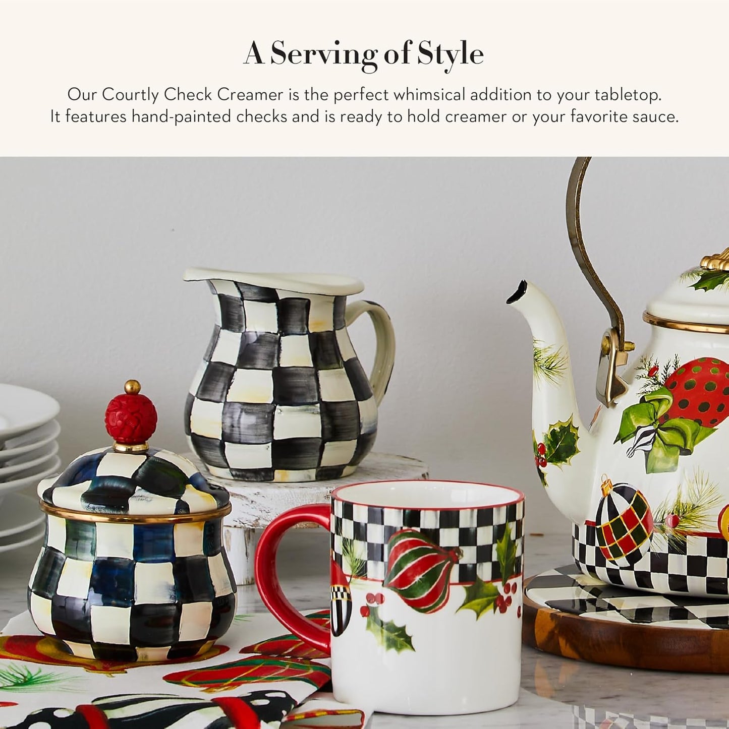 MACKENZIE-CHILDS Enamel Creamer, Creamer Dispenser with Pour Spout, Kitchen Enamelware, 14-Ounce Capacity, Black-and-White Courtly Check