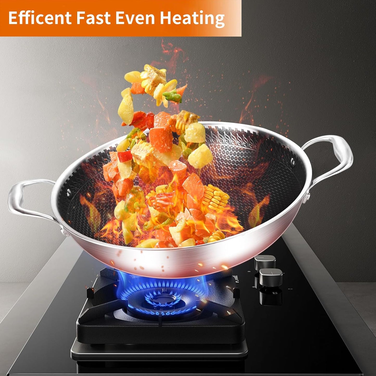 DELARLO Wok Pan With Lid 12 Inch Non stick wok,Oven Safe Up to 600℉,Woks & Stir-Fry Pans Nonstick,Tri-Ply Stainless Steel Wok, 5QT Nonstick Deep Frying Pan, Induction Saute Pan With Lid