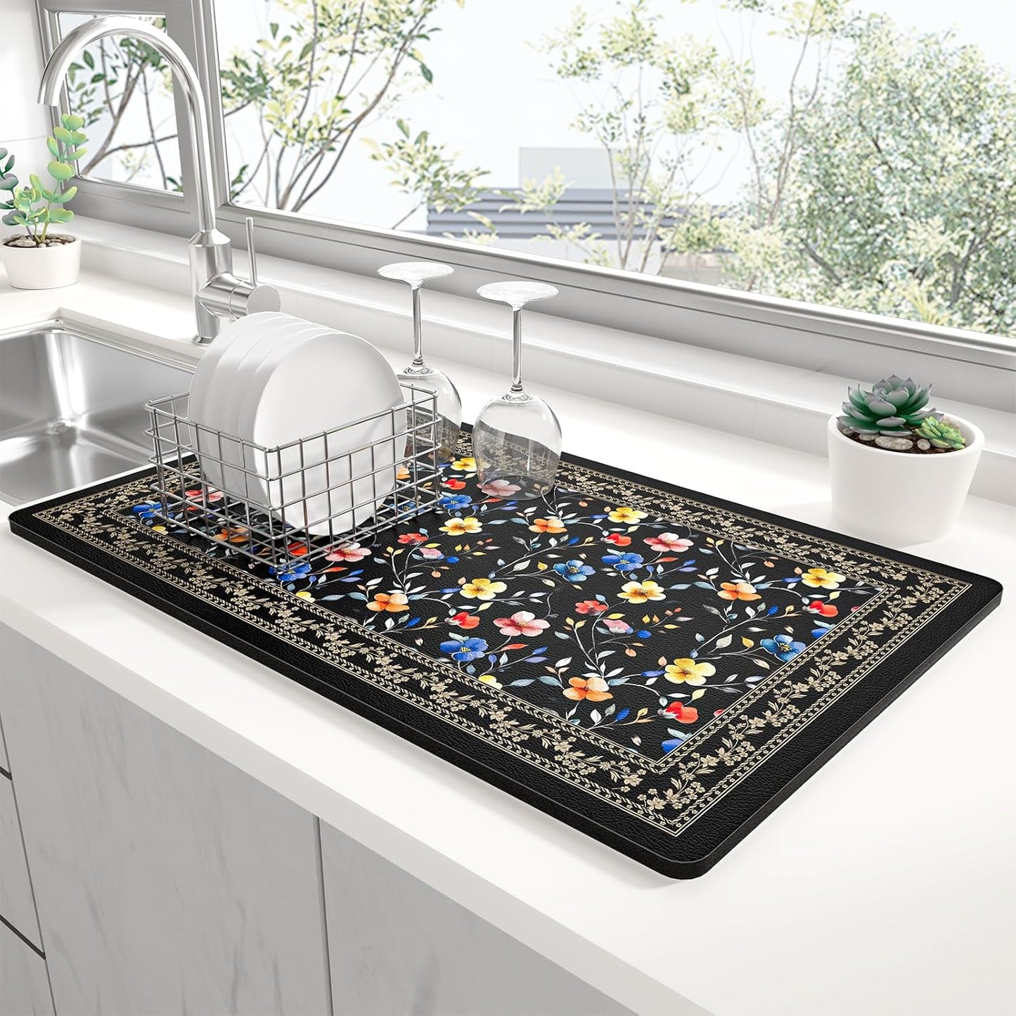 Rnivvi Dish Drying Mat for Kitchen Counter, 12 x 19" Cute Flower Theme Super Absorbent Draining Pad, Non-Slip Heat Resistant Coffee Bar Mat for Coffee Machine Station Accessories, Retro Dish Rack Pad