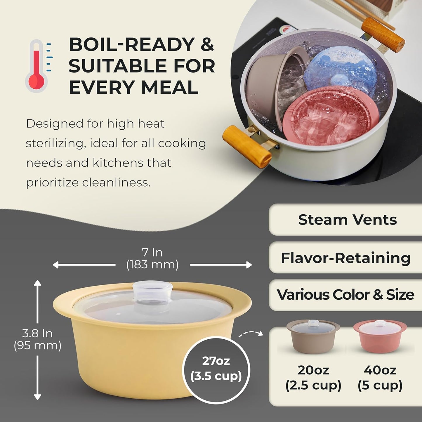 27oz Platinum Silicone Microwave Steamer Pot with Handle & Lid - Korea 100% Food-Grade Steamer Bowl, Heat-Resistant Cooker with Steam Holes, Easy Clean, Dishwasher Safe, Yellow