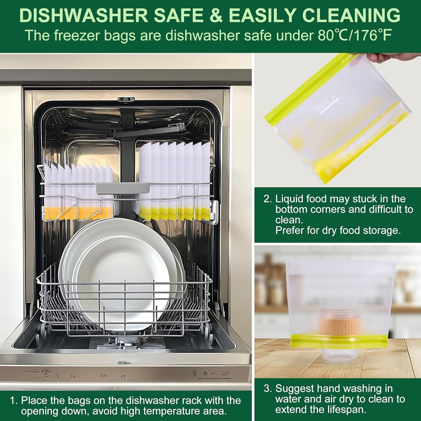 SPLF 10 Pack Stand-Up Reusable Food Storage Bags Dishwasher Safe, BPA Free Reusable Freezer Bags, Extra Thick Silicone for Meal Prep, Sandwich, Bread, Veggies - 3 Gallon 4 Quart 3 Snack