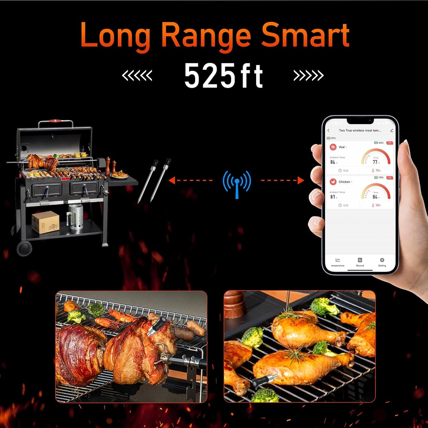 AlfaBot Wireless Meat Thermometer with 2 Meat Probes, 520 FT Bluetooth Meat Thermometer with Digital Food Thermometer for Remote Monitoring of BBQ Grill, Oven
