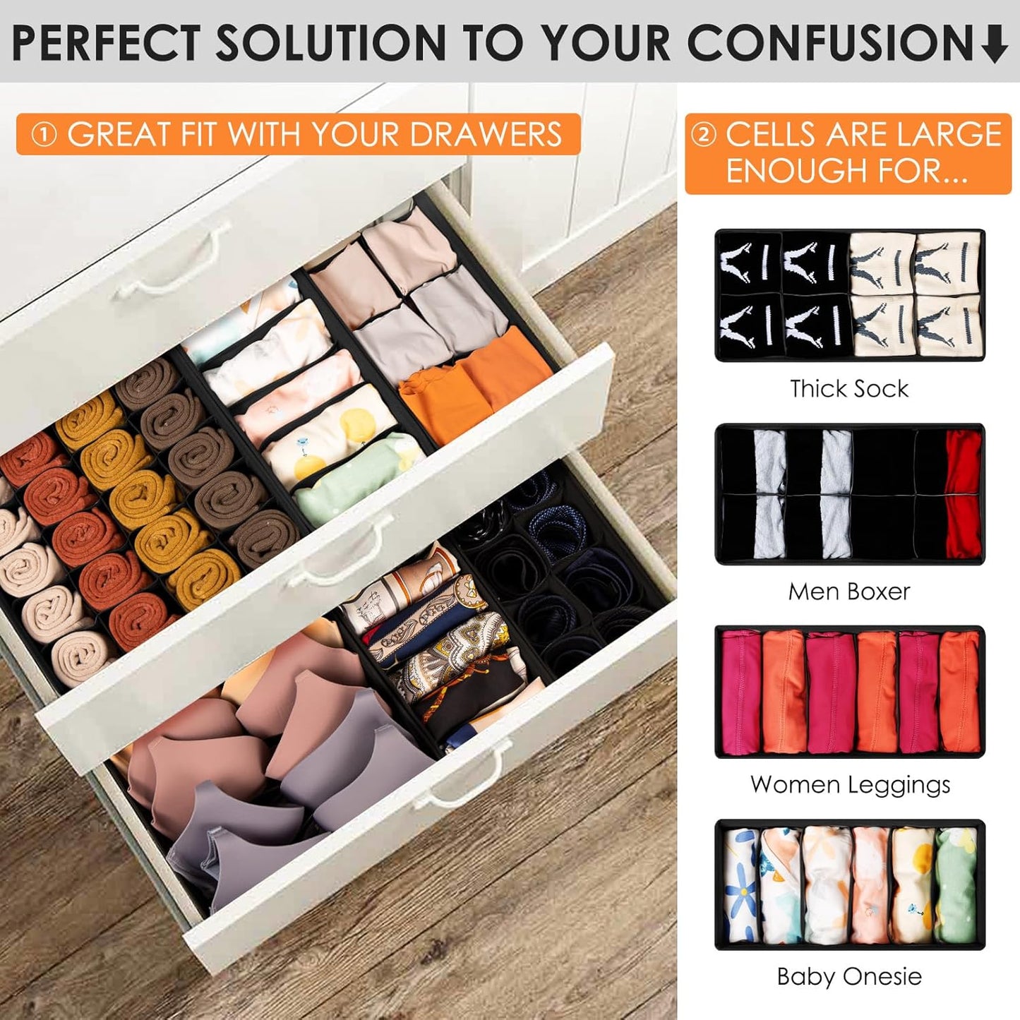 Drawer Organizer Clothes, 8 Pack Dresser Organizer Bins for Baby Clothes, Underwear Sock, Fabric Closet Organization and Storage Dividers for Nursery Bedroom (48 Compartments, Black)