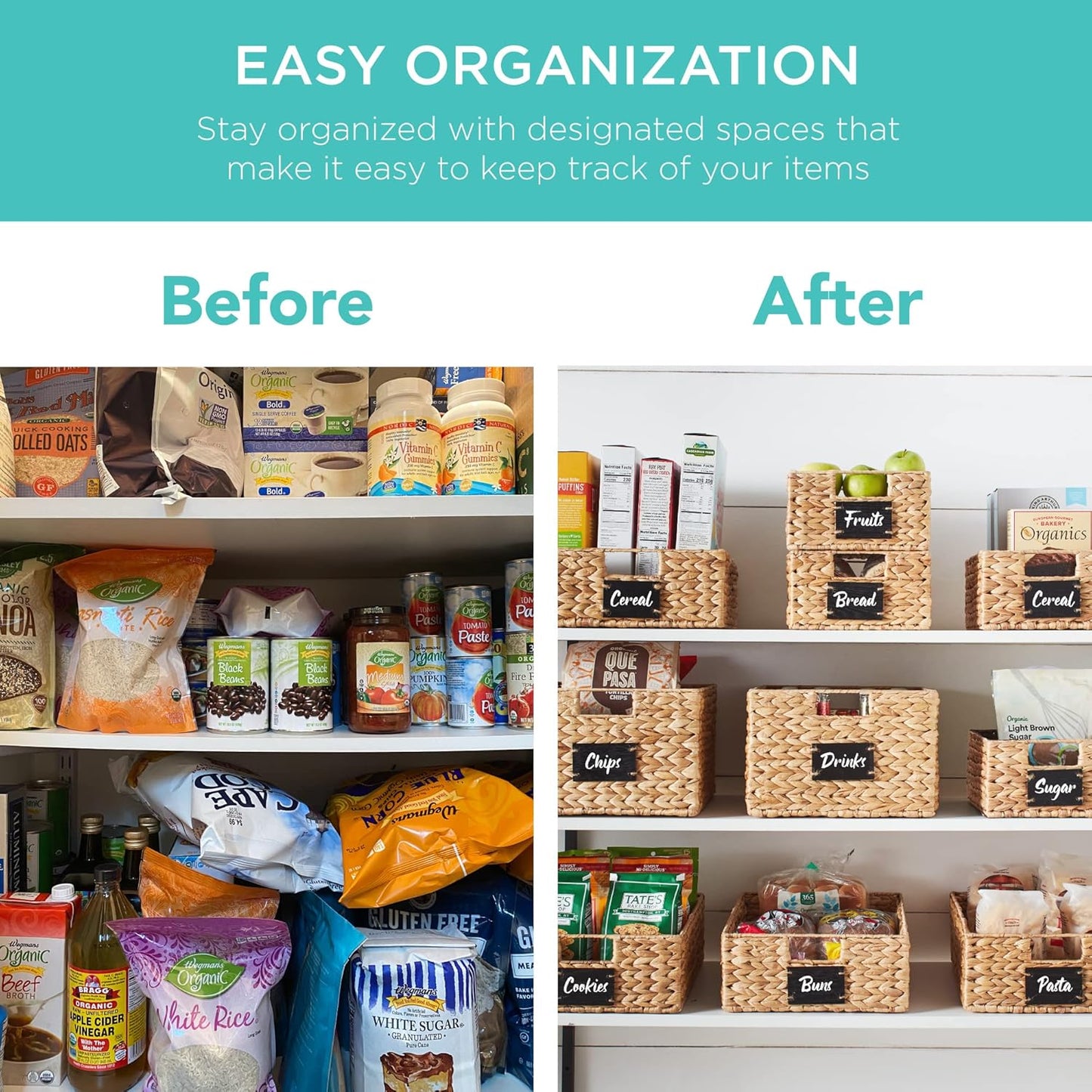 Best Choice Products Pantry Baskets Set of 2 16x12in Water Hyacinth Storage Baskets, Woven Wicker Organizers with handles w/Chalkboard Label Chalk Marker - Natural