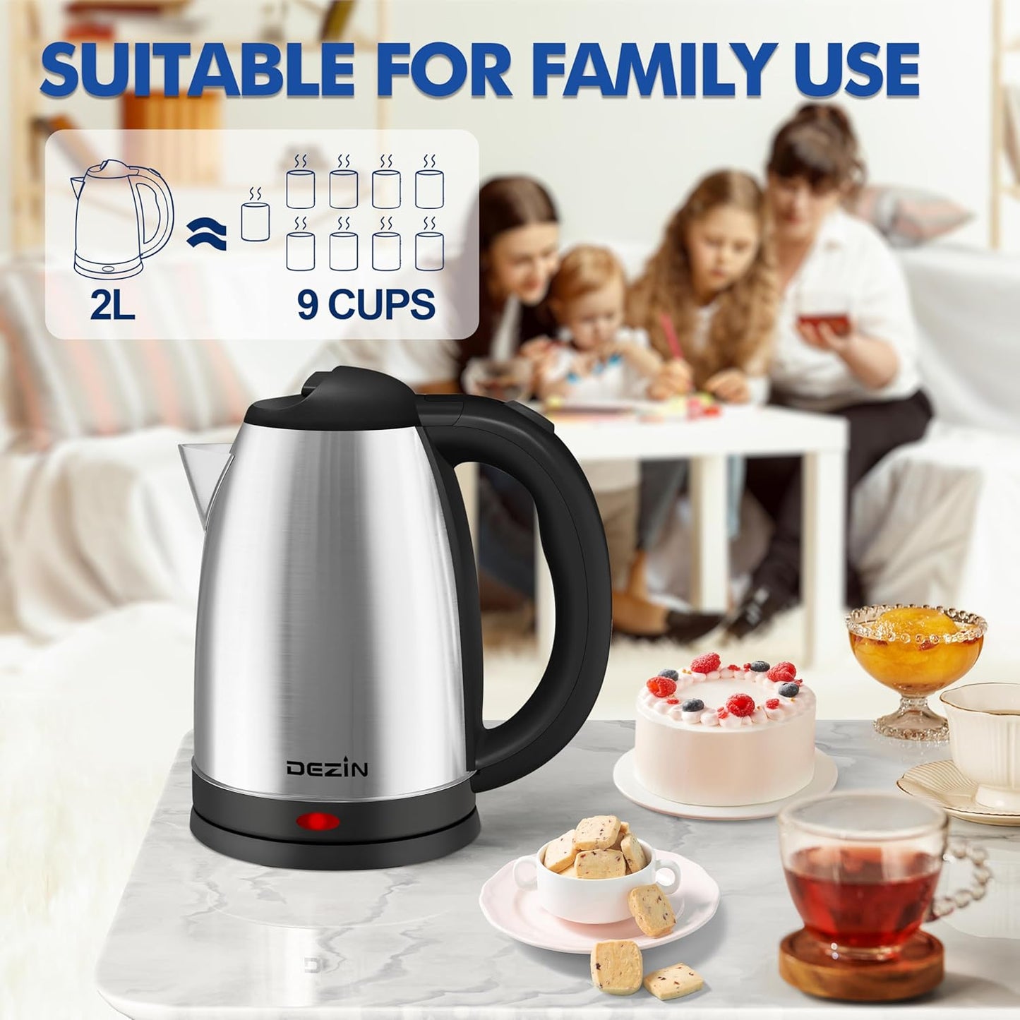 DEZIN Electric Kettle Upgraded, BPA Free 2L Stainless Steel Tea Kettle, Fast Boil Water Warmer with Auto Shut Off and Boil Dry Protection Tech for Coffee, Tea, Beverages