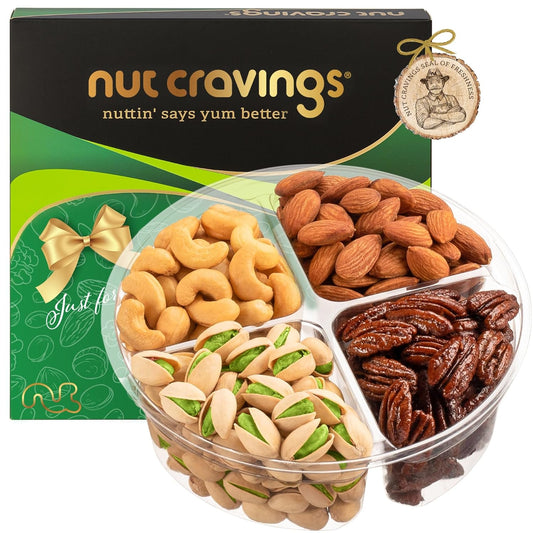 NUT CRAVINGS - Mixed Nuts Gift Basket in Green Gold Box (4 Assortments) Food Arrangement, Healthy Snack Care Package, Food Assortments