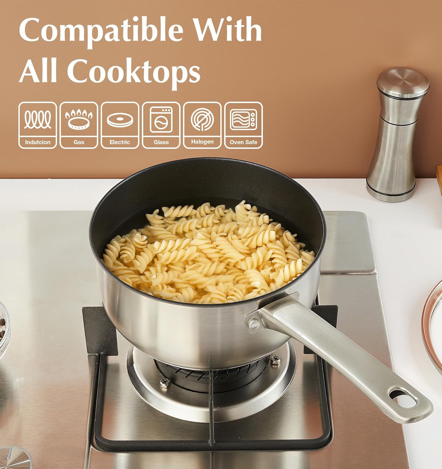 KOCH SYSTEME CS Stainless Steel Saucepan, 3 Quart Sauce Pan with Ultra Nonstick Coating, 3 Quart Saucepan with Lid, Stainless Steel Pot, 3QT Sauce Pot, Induction Compatible