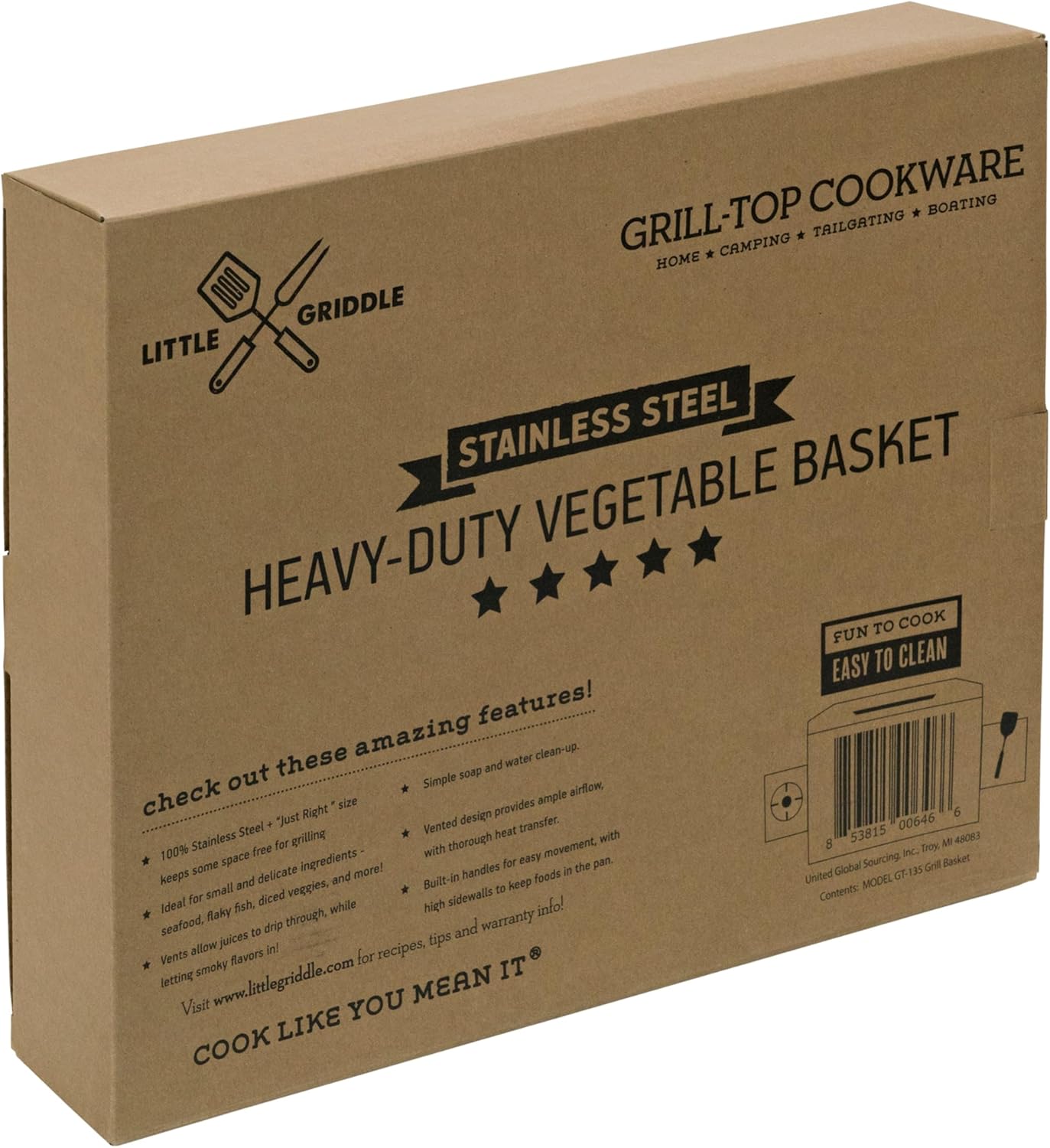 LITTLE GRIDDLE - GT-135 Grill Basket, High sidewalls with built-in handles, Heavy Duty, Stainless Steel Material and Vented Design, Durable and Easy to Clean - Silver