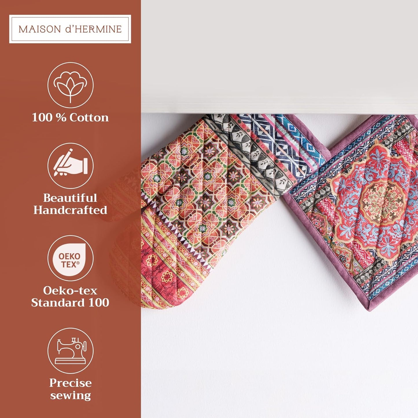 Maison d' Hermine 100% Cotton Oven Mitt & Pot Holder Set (7.5"x13" & 8"x8") Heat Resistant BBQ Cooking Gloves with Loop, Baking, Grilling, Kitchen, Handling Hot Pans (Ispahan)