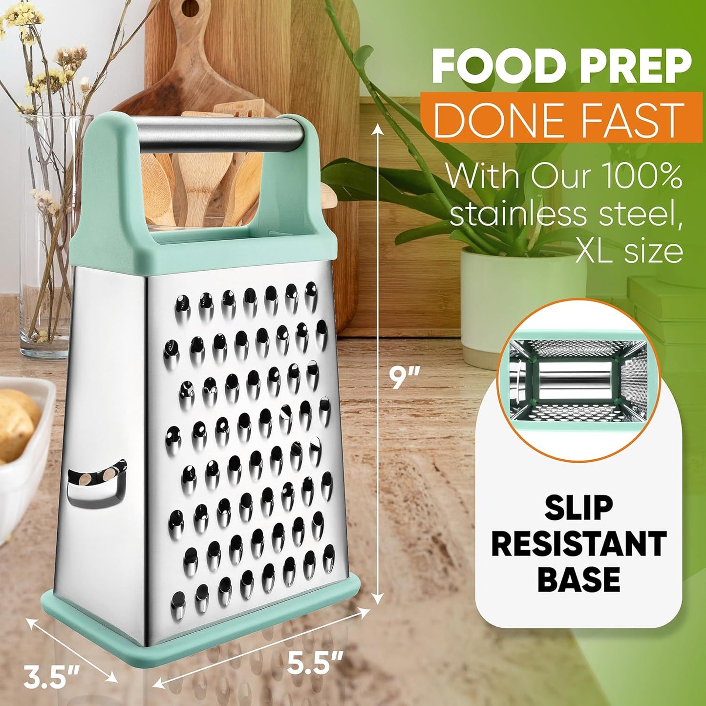 Spring Chef Professional Cheese Grater - Stainless Steel Box Grater for Kitchen, XL Size - Perfect 4 Sided Shredder for Parmesan Cheese, Vegetables, Ginger - Dishwasher Safe - Mint