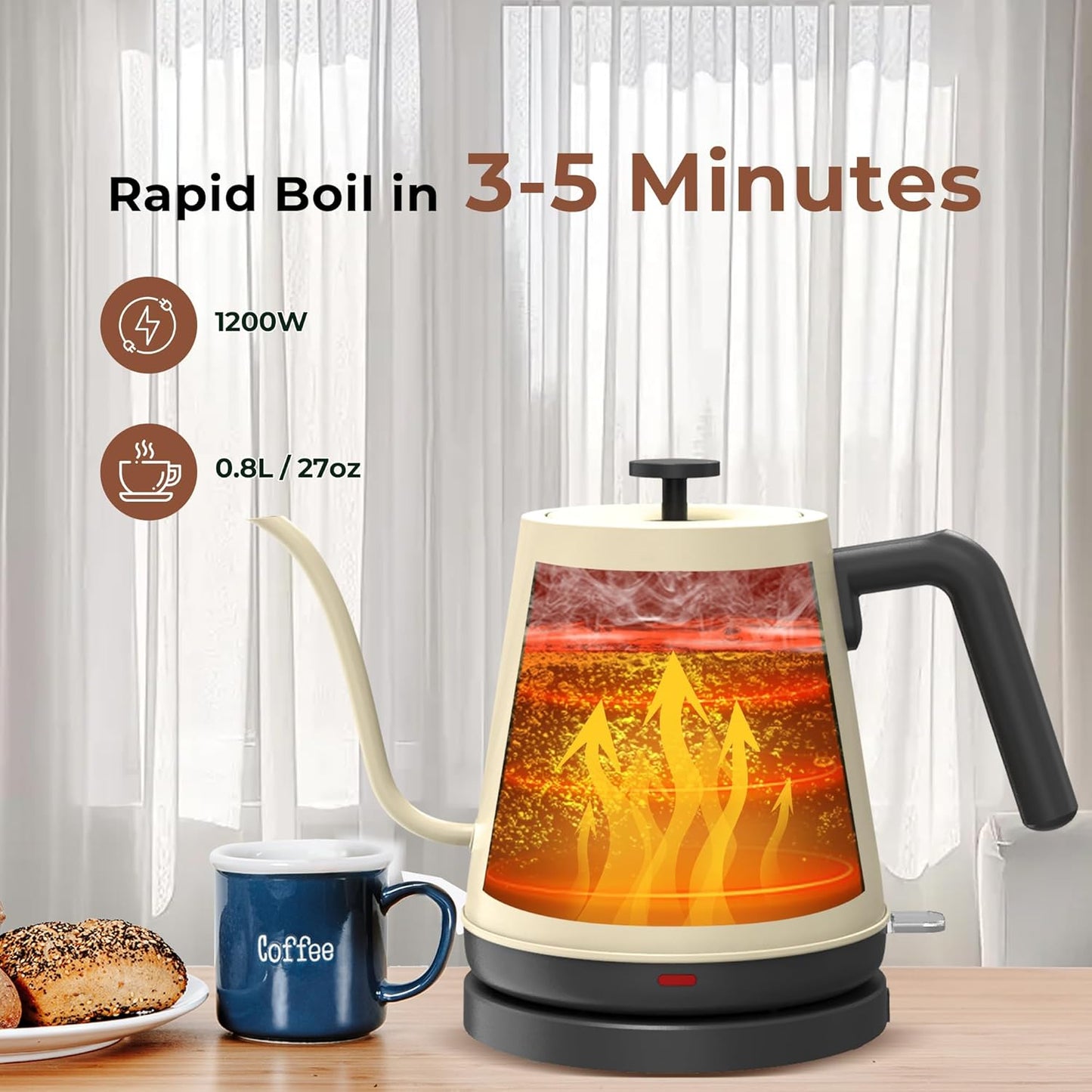 KLEAH Gooseneck Electric Kettle - 0.8L Automatic Shut Off Tea & Coffee Kettle, Hot Water Boiler Pour Over Coffee Kettle, 1200W Quick Heating Keep Warm, Bone White