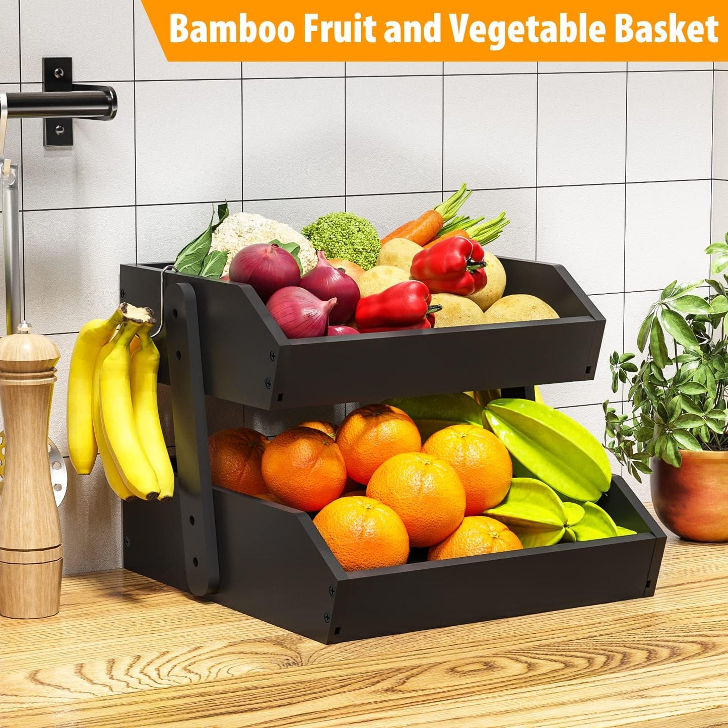 Bamboo Fruit Basket for Kitchen– 2 Tier Fruit Bowl For Kitchen Counter, Large Fruit Holder With 2 Banana Hangers, Idea For Fruit and Vegetable Storage, Bread Basket, Snack Organizer(BLACK)