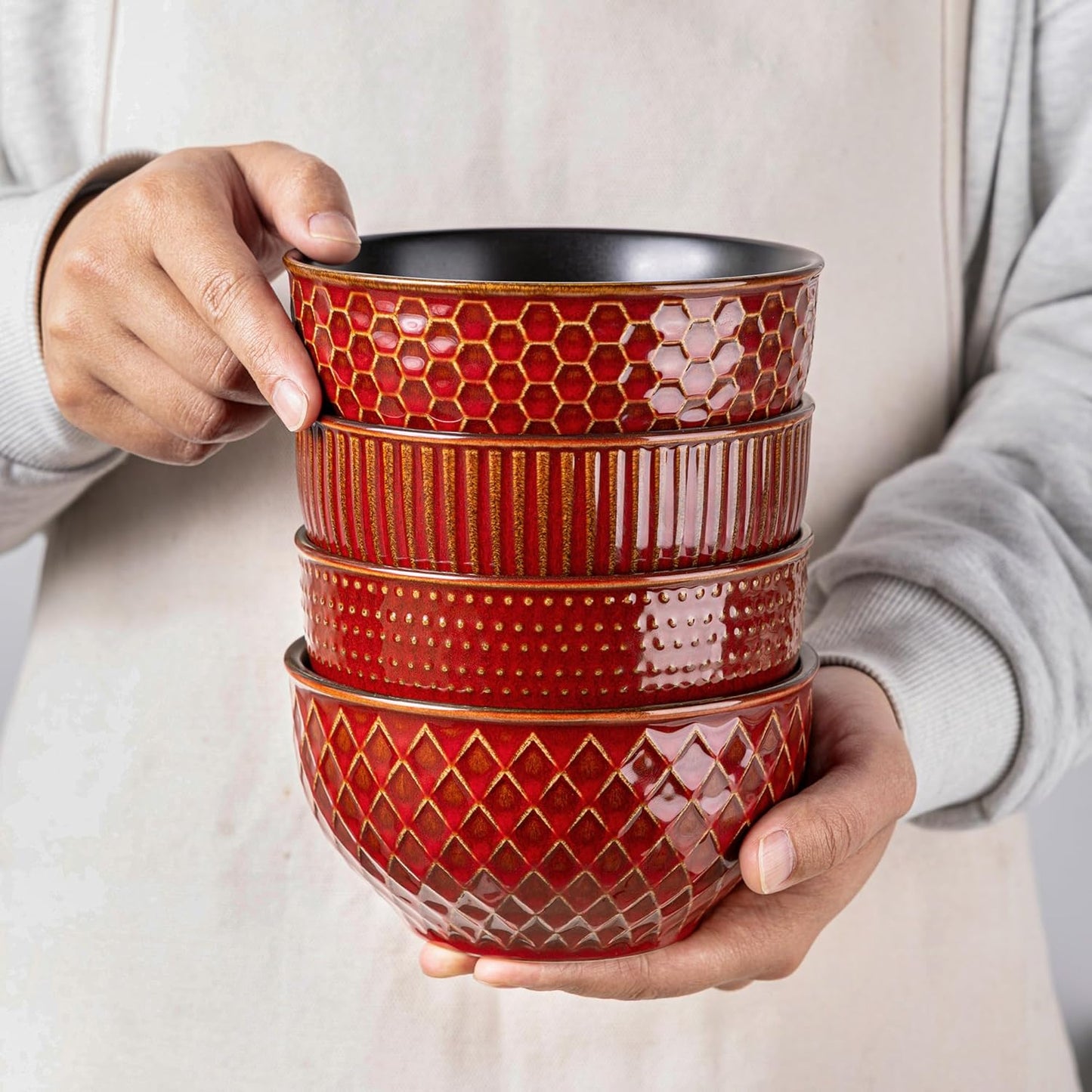 GBHOME Stoneware Cereal Bowls Set of 4, 24 oz Ceramic Soup Bowls with Texture Patterns for Soup,Oatmeal,Snack Perfect for Wedding, House-warming Gift -Rythmic Red