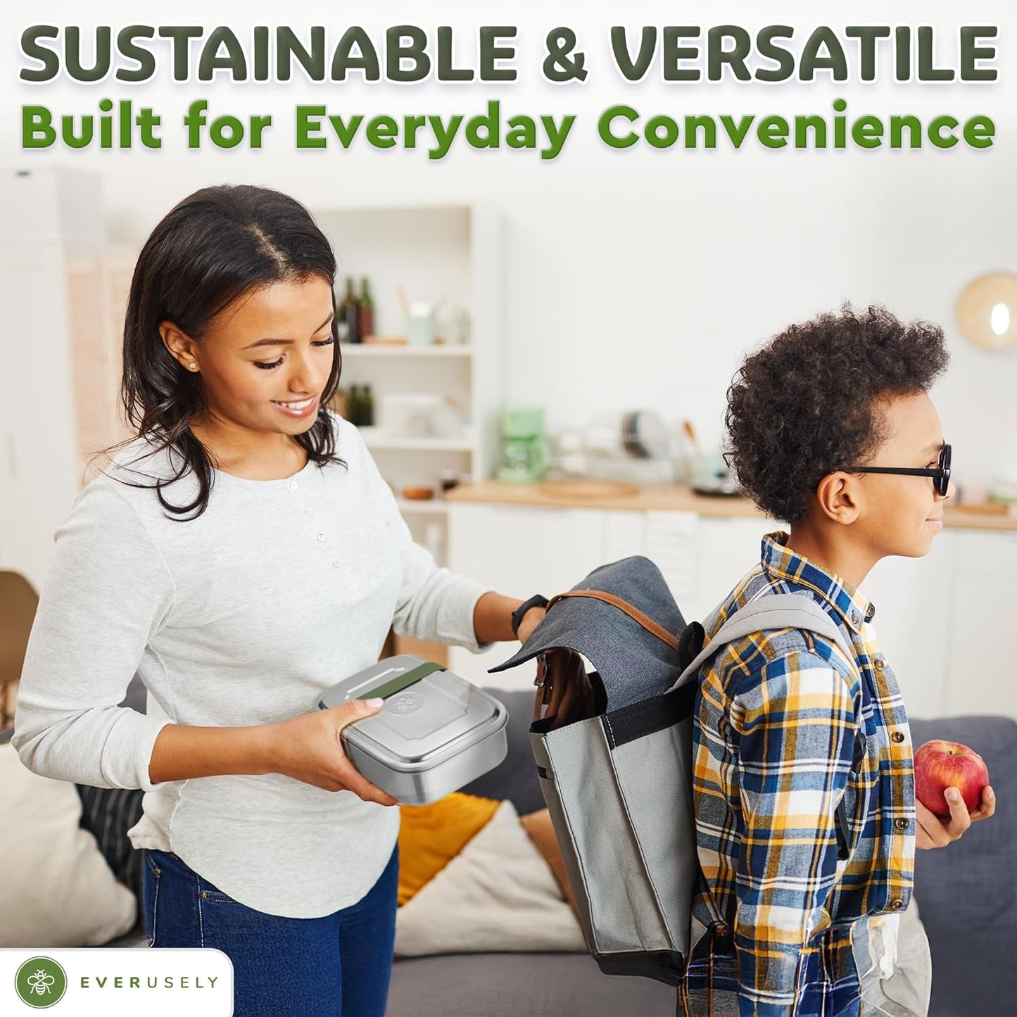 Everusely - Bento Box - Sage, 60oz / 1.8 L - Stainless Steel Lunch Box with Leakproof Condiment Container - 3 Compartment Snack Organizer for On the Go Meals - Freezer & Dishwasher Safe