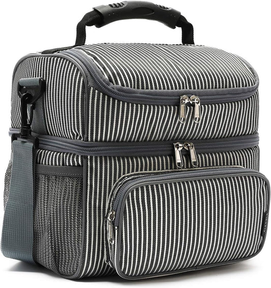 FlowFly Double Layer Cooler Insulated Lunch Bag Adult Lunch Box Large Tote Bag for Men, Women, With Adjustable Strap,Front Pocket and Dual Large Mesh Side Pockets
