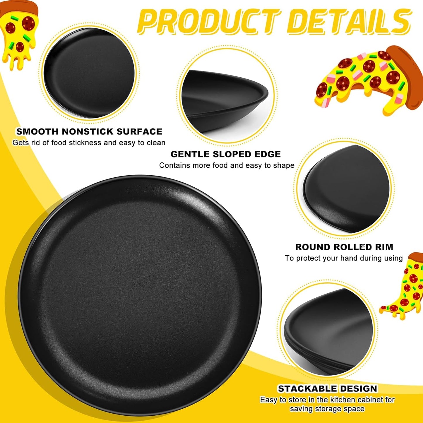 P&P CHEF 12 Inch Pizza Pan, 3 Pieces Stainless Steel Round Pizza Tray Dish Plate For Oven Baking Roasting, Healthy & Heavy Duty, Rust Free & Dishwasher Safe -Black