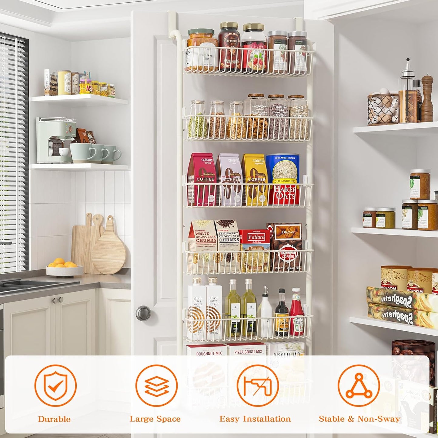 MIAOLI Over the Door Pantry Organizers and Storage, 6-Tier Spice Rack, Home & Kitchen Storage Shelves for Cabinet, Large Capacity Hanging Seasoning Organizer, Laundry Room Organization, White