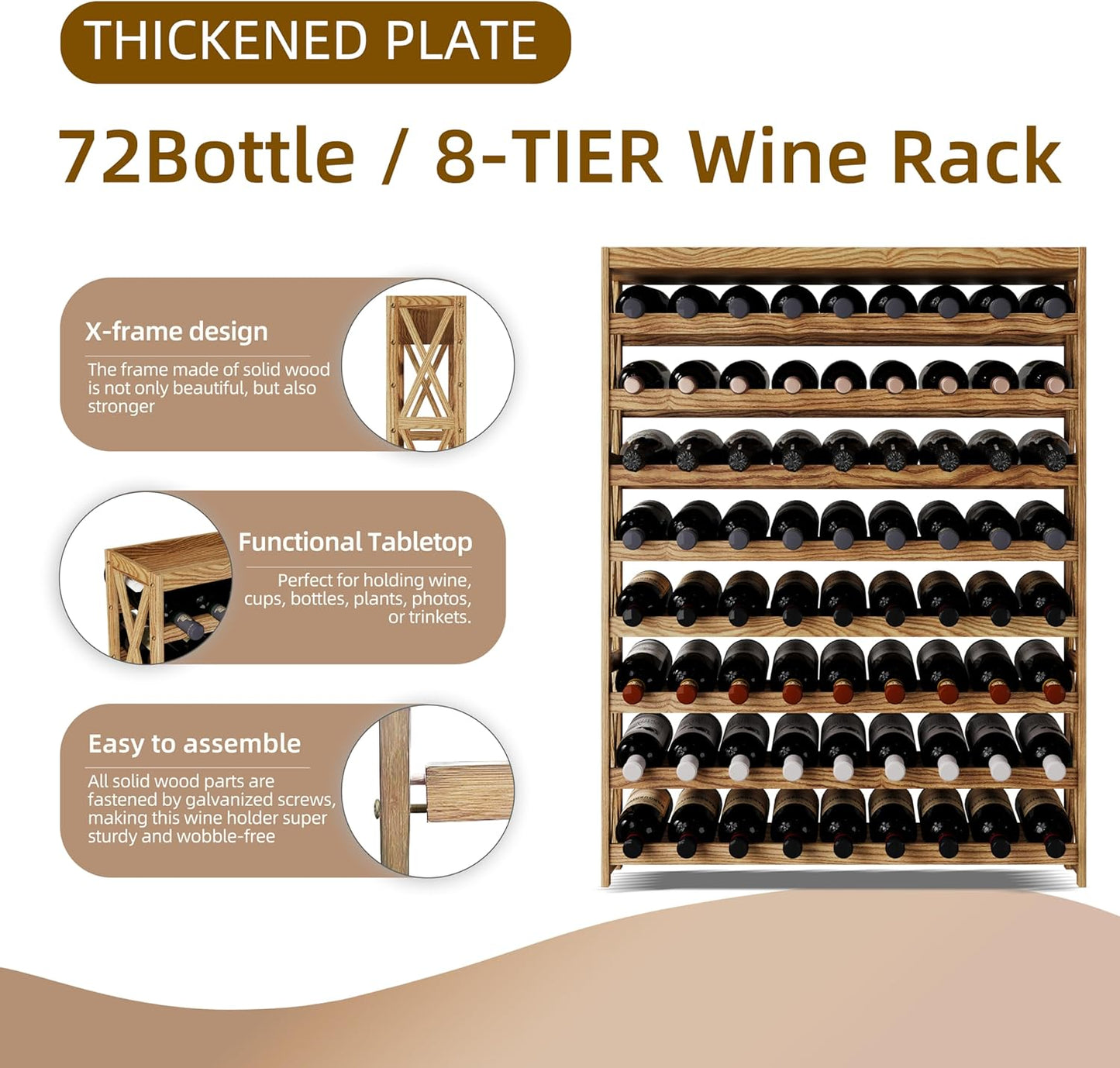 Solid Wood Wine Storage Racks with Tabletop, Free Standing Floor Wooden Wine Rack, Premium Wine Storage Rack Display and Organizing for Kitchen and Cellar 8 Tier 72 Bottles