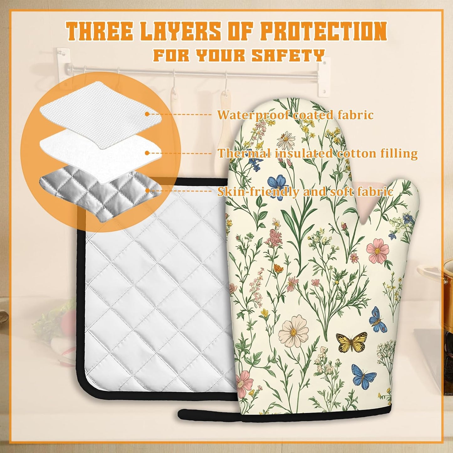 Wildflowers Oven Mitts and Pot Holders,Vintage Garden Plants Herb Flower Botanical Heat Resistant Oven Mitts Gloves and Pot Holder for Home Kitchen Decorations Cooking Baking BBQ Gifts,Set of 4