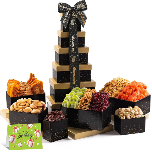 NUT CRAVINGS Gourmet Collection - Happy Birthday Treats, Nuts & Dried Fruits Tower Gift Basket with Bday Ribbon (12 Assortments) Food Arrangement, Healthy Snack Care Package, Food Assortments