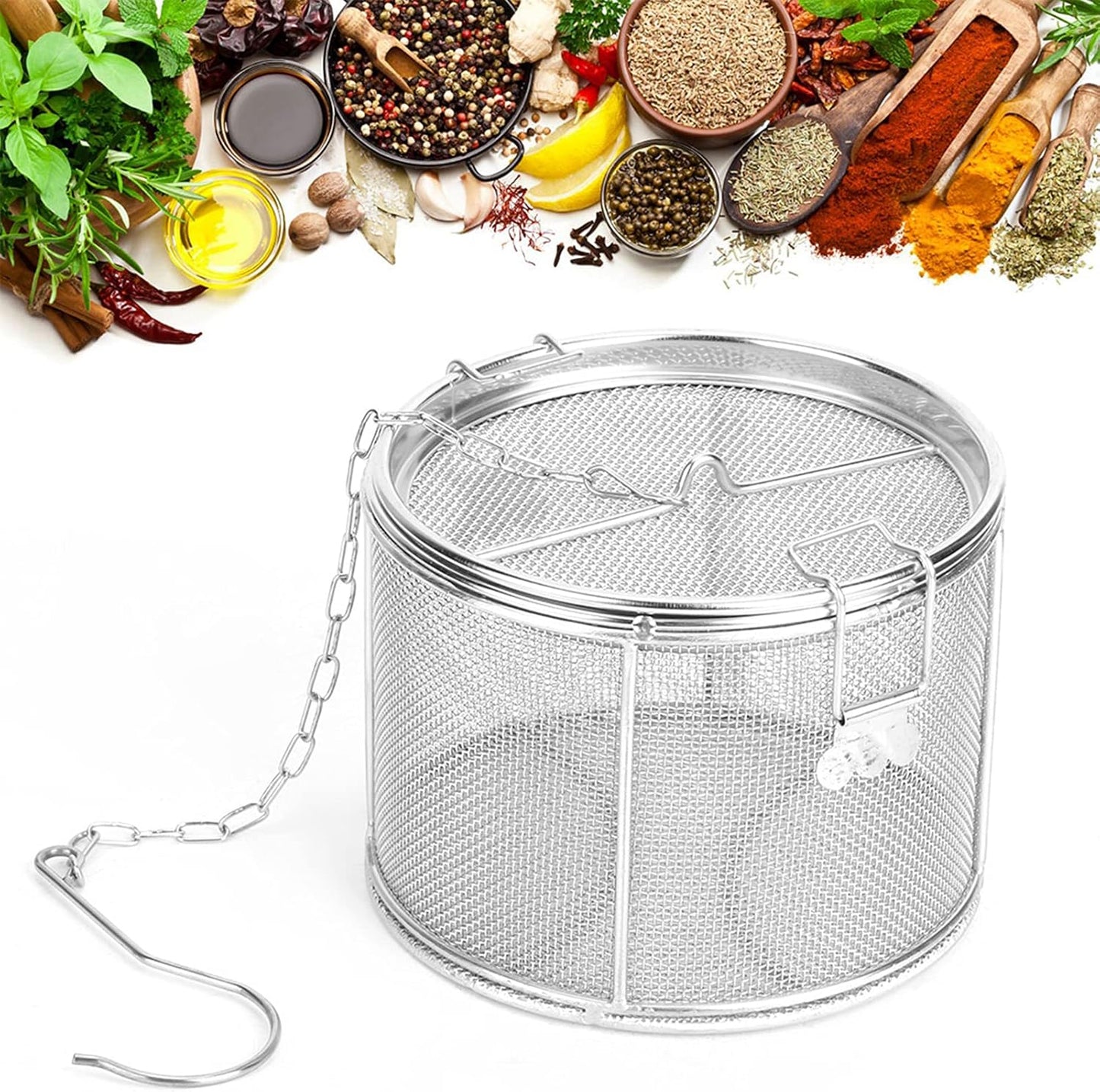 Seasoning Strainer, Large Capacity Stainless Steel Tea Mesh Tea Infuser Strainer with Extended Chain Hook for Brew Loose Leaf Tea and Seasonings, Sliver 5.52 x 3.94