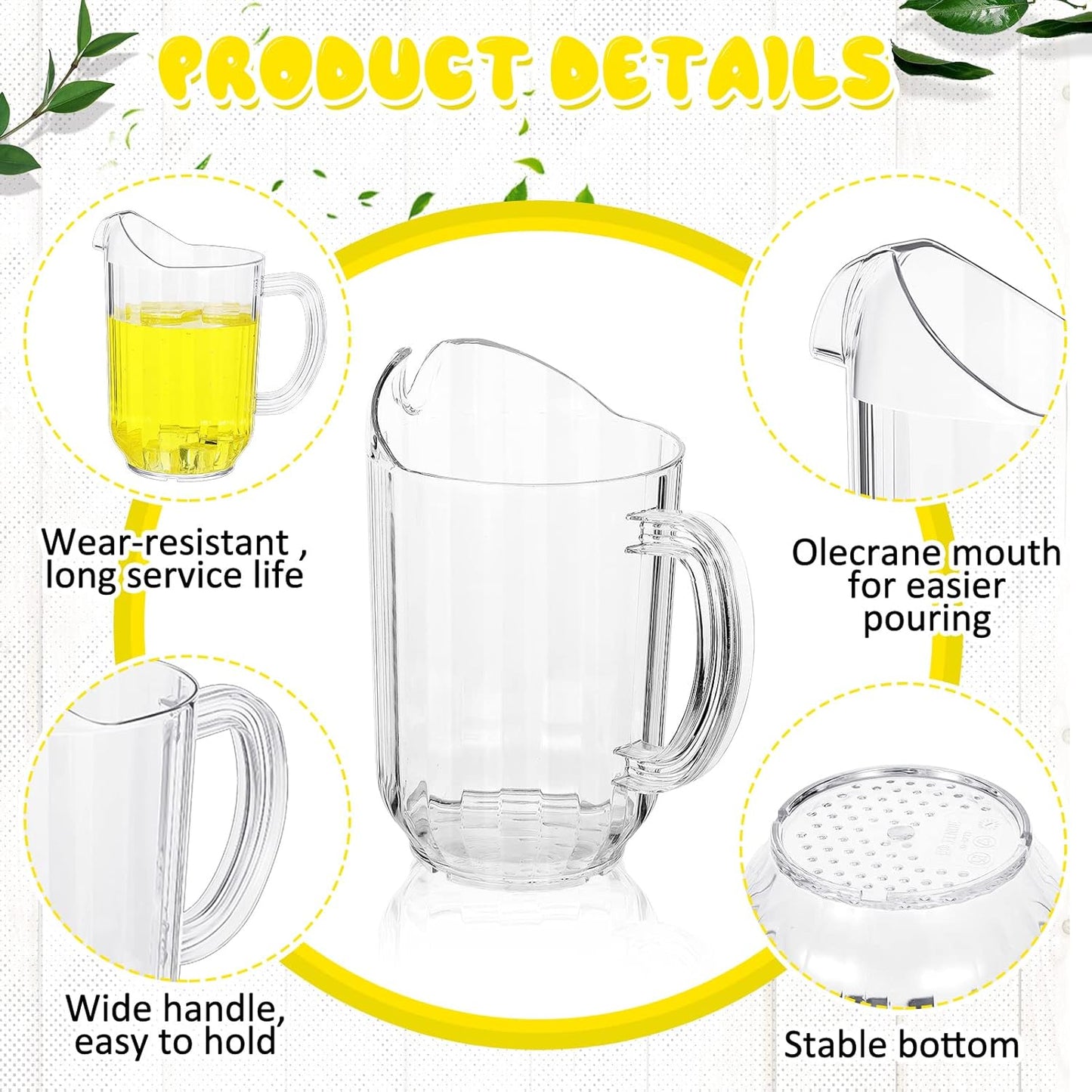 Tessco for you 6 Pcs Plastic Pitchers 60 Ounce Clear Restaurant Jug Large Water Pitcher Carafe Serve Milk Tea Juice Drink for Parties Container Dispenser Beer Jar