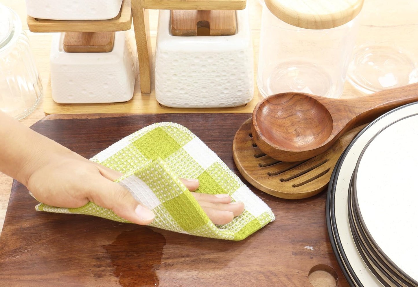 Waffle Weave Plaid Dish Cloths, 100% Cotton - 12 x 12 Inches, Ultra Soft Absorbent Quick Drying Dish Towels Buffalo Check Dish Rags for Kitchen, 6 Pack - Spring Summer - Light Green and White