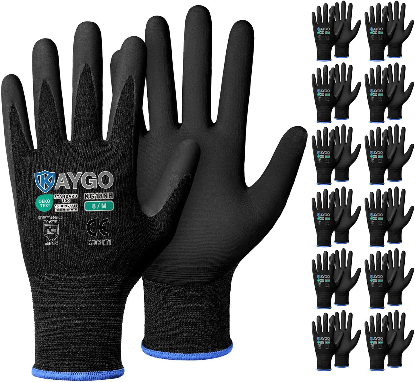 KAYGO Safety Work Gloves MicroFoam Nitrile Coated, 12 Pairs KG18NB,Seamless Knit Nylon Glove with full fingers Touchscreen, Ideal for Automotive,Warehouse,Construction (Medium, Black)