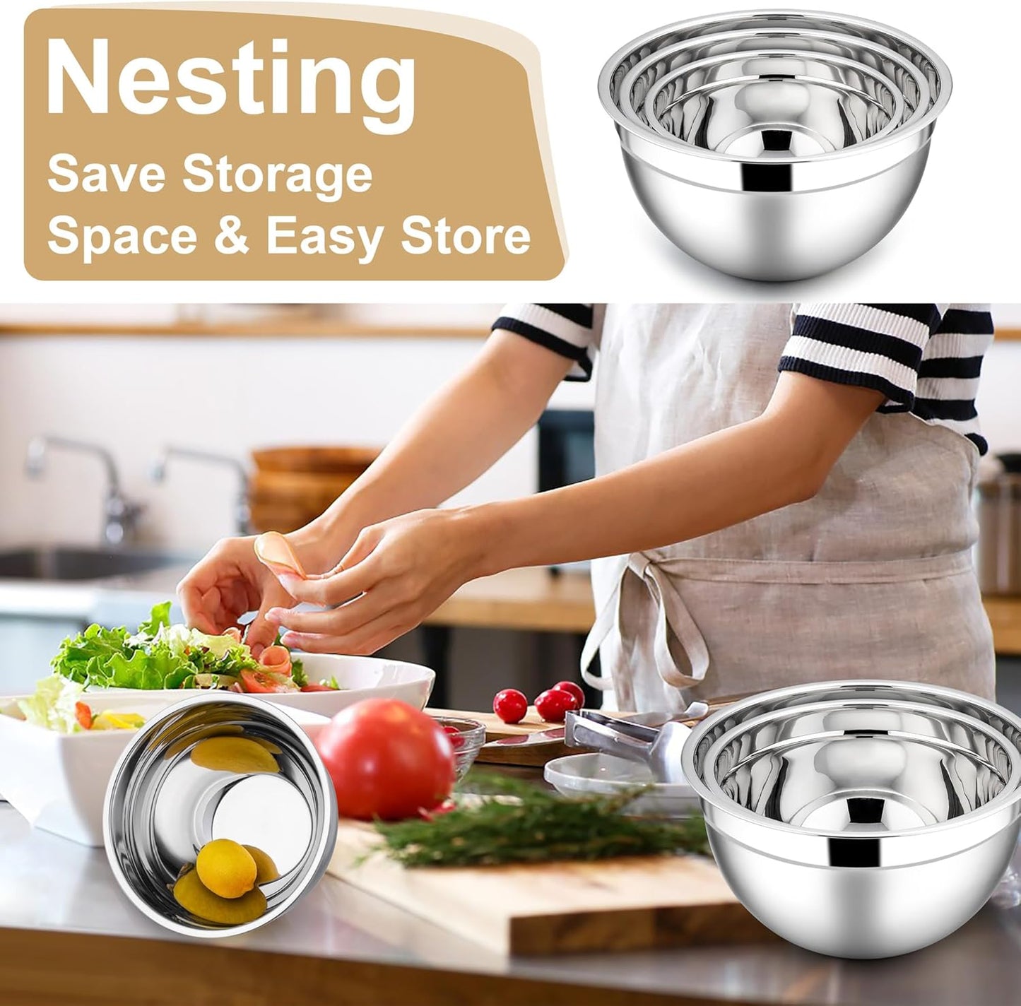 E-far Mixing Bowls with Lids, 6-Piece Stainless Steel Salad Bowls Metal Nesting Bowls for Baking Cooking and Prepping, Airtight Lids & Stackable Design, Size 4.5, 3, 1.5 QT (Khaki)