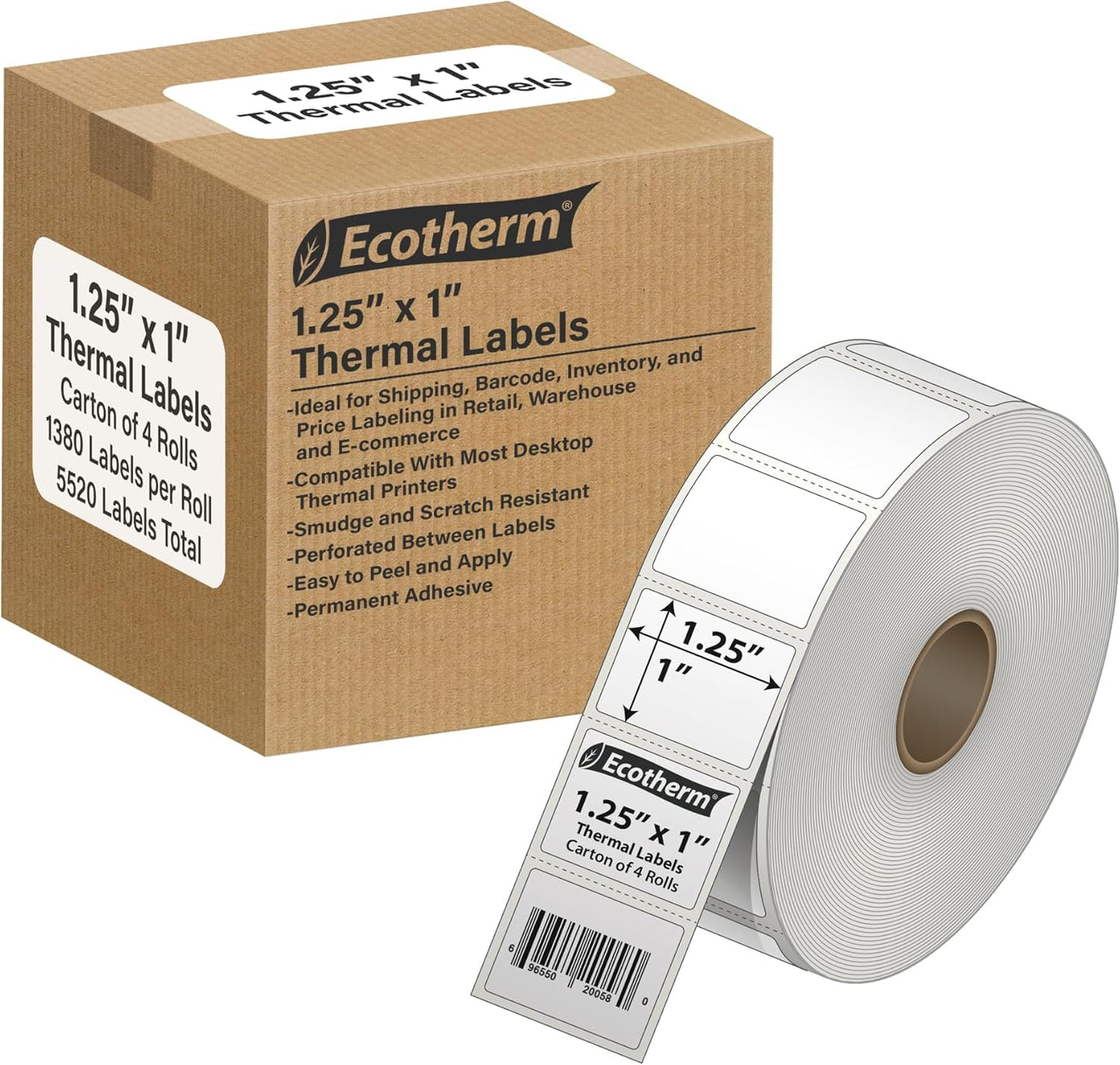1.25" x 1" Thermal Labels | 4 Rolls | 5520 Labels | fits Zebra, Godex, Arkscan, iDPRT, Offnova Thermal Label Printers and More | Blank White Adhesive Stickers by Ecotherm