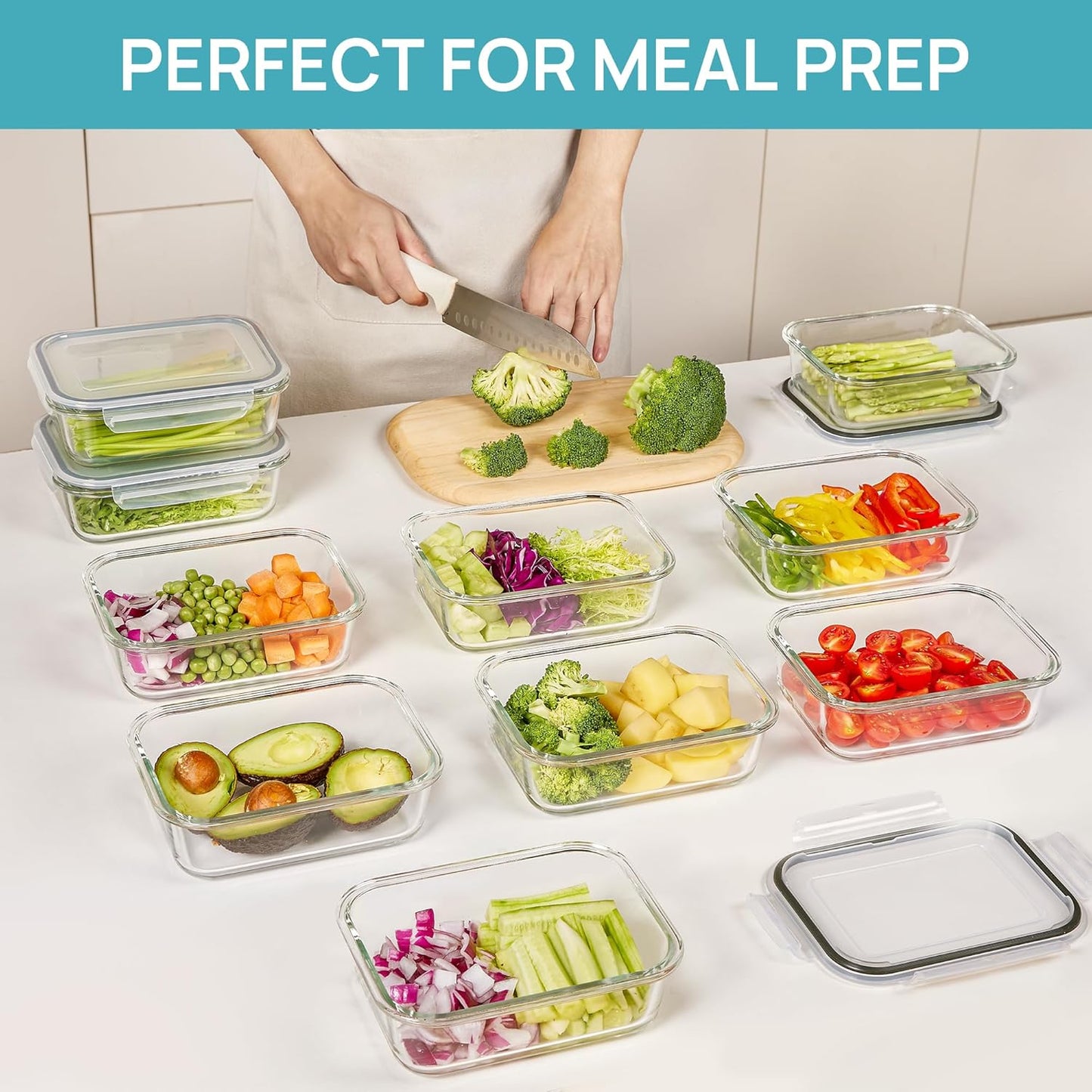 Vtopmart Glass Storage Containers with Lids, Meal Prep Food Container Sets, Lunch Box with Snap Airtight Lid for Microwave, Oven, Freezer and Dishwasher (10pack 35oz)