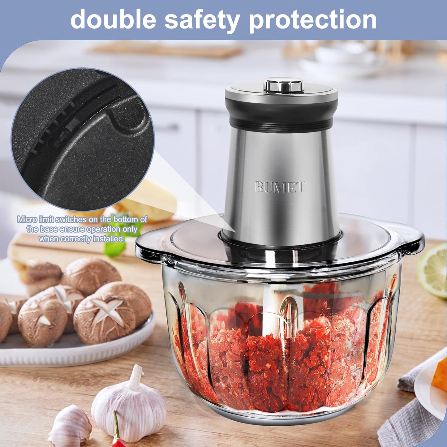 Electric Meat Grinder 850W Food Chopper Food processor with LED timer one 16cup thick glass bowl, 2 sets three-layers 6 blades cutter by BUMET