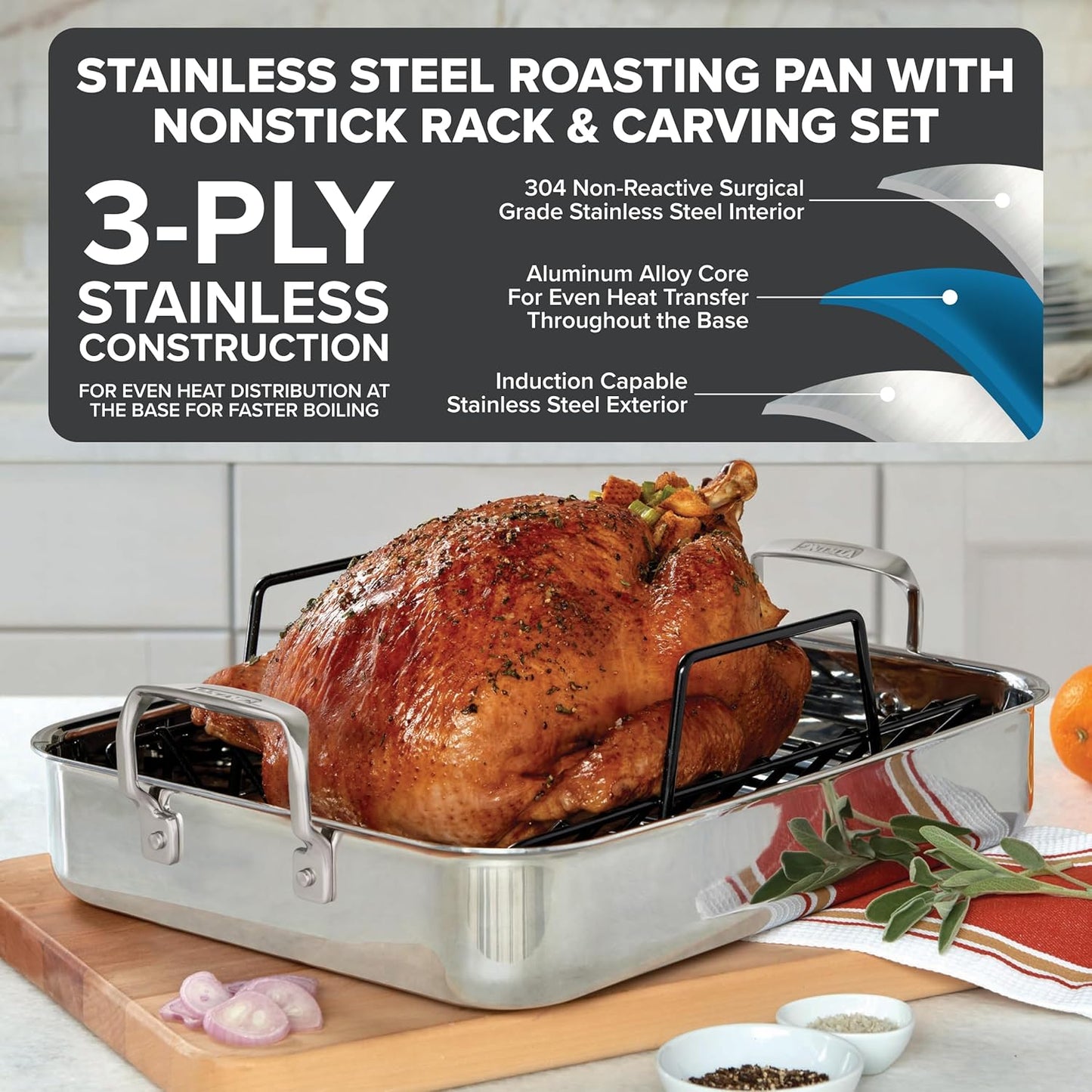 Viking 3-Ply Stainless Steel Roasting Pan with Nonstick Rack and Carving Set, 16 x 13 Inch Kitchen Cookware, Great for Turkey, Dishwasher and Oven Safe, Induction Ready, SIlver