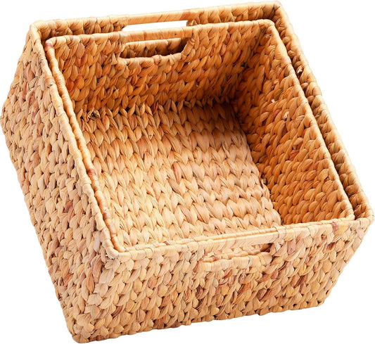 HOONEX Water Hyacinth Storage Baskets for Organizing, Decorative Wicker Baskets with Carrying Handles, Set of 2, Natural