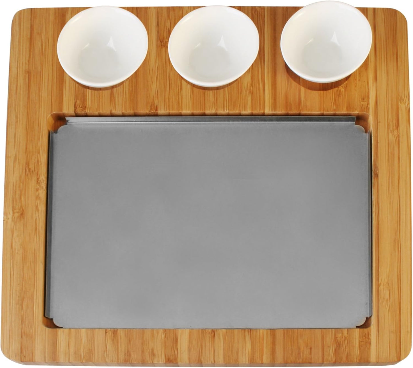 Artestia Bamboo Platter Replacement for AR-88023, 1 Stainless Steel Tray + 3 Ceramic Cups + 1 Bamboo Serving Tray, No Stones Included
