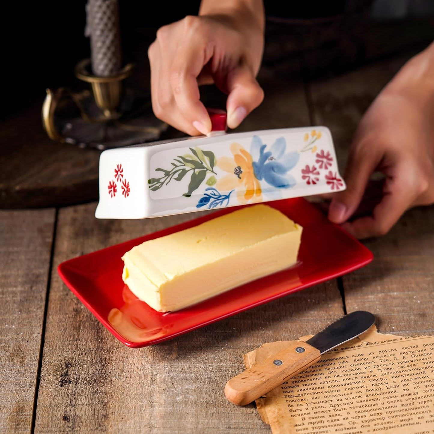 Butter Dish Ceramic Butter Keeper Butter Dish with Lid, Butter Container, RED