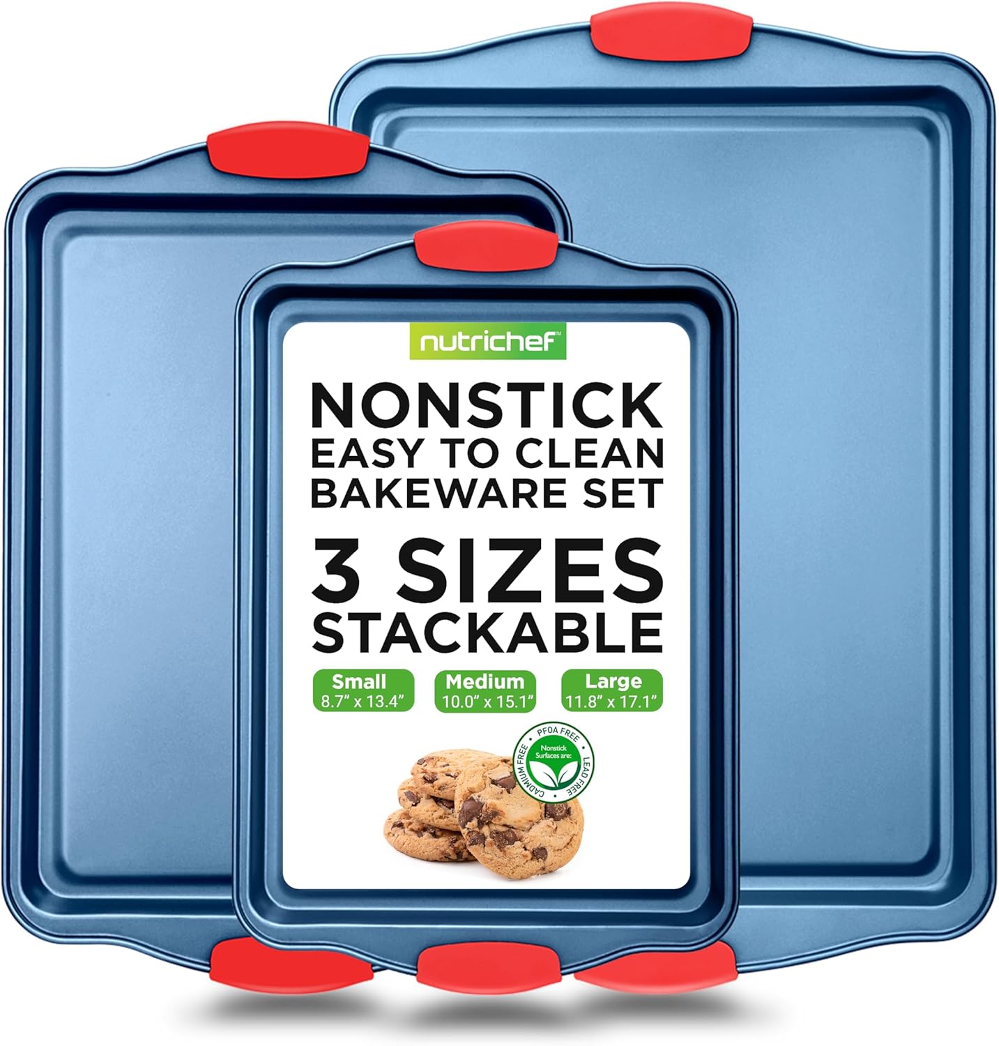 NutriChef 3-Piece Nonstick Cookie Sheets for Baking - Premium Carbon Steel Baking Trays w/ Non-Stick Smooth Coating & Silicone Handles - Large, Medium, & Small Bakeware - Blue