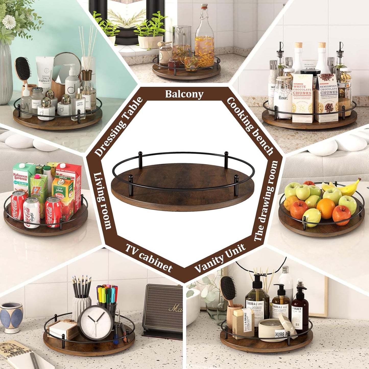 12" Lazy Susan Turntable Organizer,Round Wooden Lazy Susan Organization and Rotating Spice Rack for Dining Table,Pantry,Kitchen Countertop,Vanity,Cupboard and More.Vintage Wood(Round)