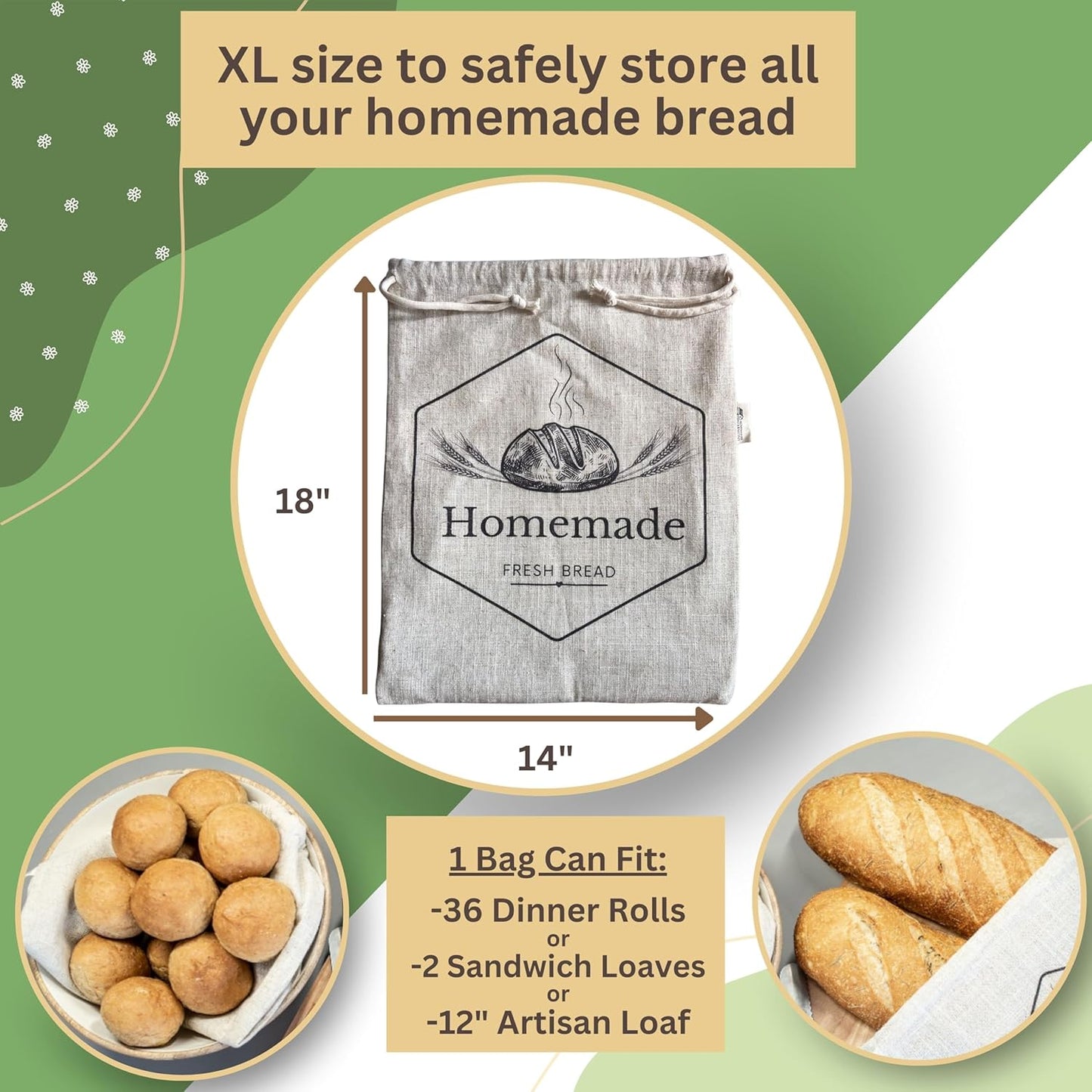 2-Pack XL Linen Reusable Bread Bags for Homemade & Sourdough Breads