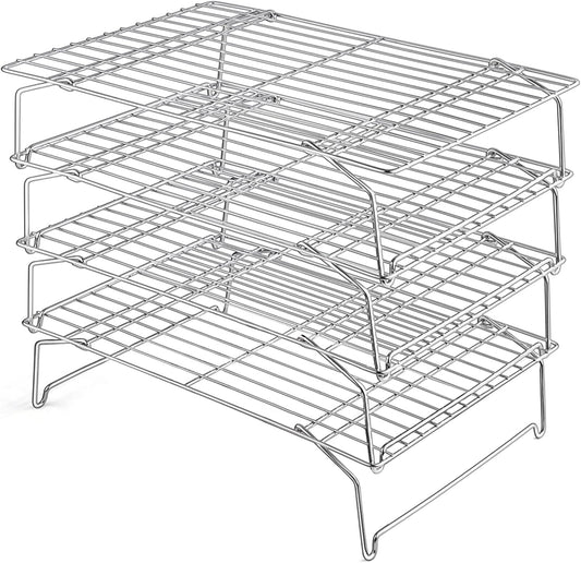 15IN x 10IN Cooling Baking Rack Set of 4, Leonyo 4-Tier Stackable Stainless Steel Wire Baking Cooking Racks Set for Cookie, Pizza, Cup Cake, Raised & Folding Feet