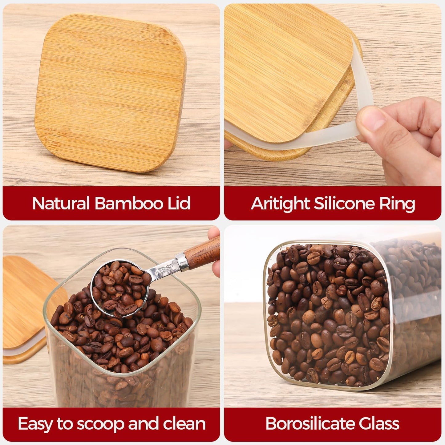 Glass Storage Containers with Lids, Food Storage Jar Canister Set, Pantry Organizers for Cookie Candy Tea Coffee Bean (4 pack 1qt)