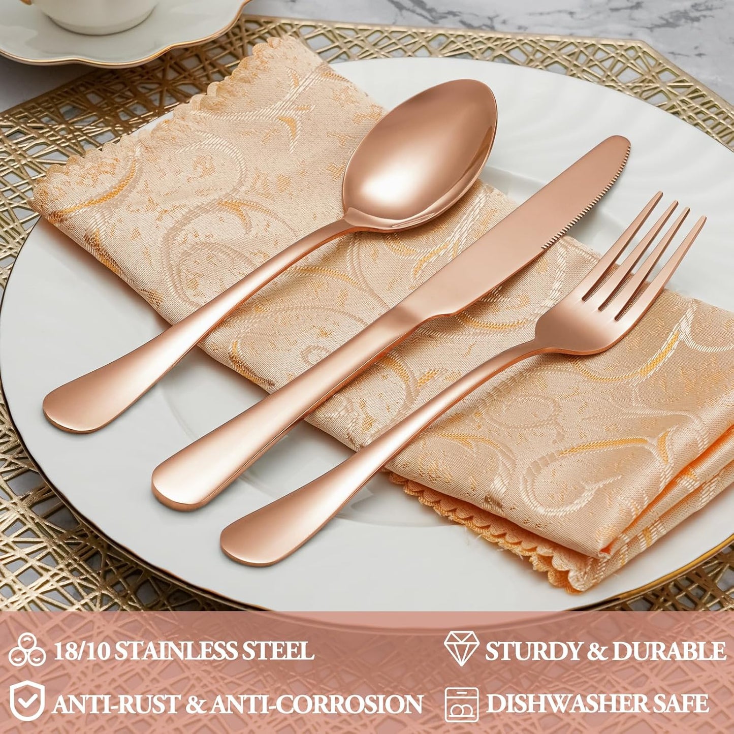 30 Pcs Rose Gold Silverware Set Service for 6, Premium Stainless Steel Flatware Set, Cutlery Utensil Set, Durable Home Kitchen Eating Tableware Set, Include Fork Knife Spoon Set, Dishwasher Safe