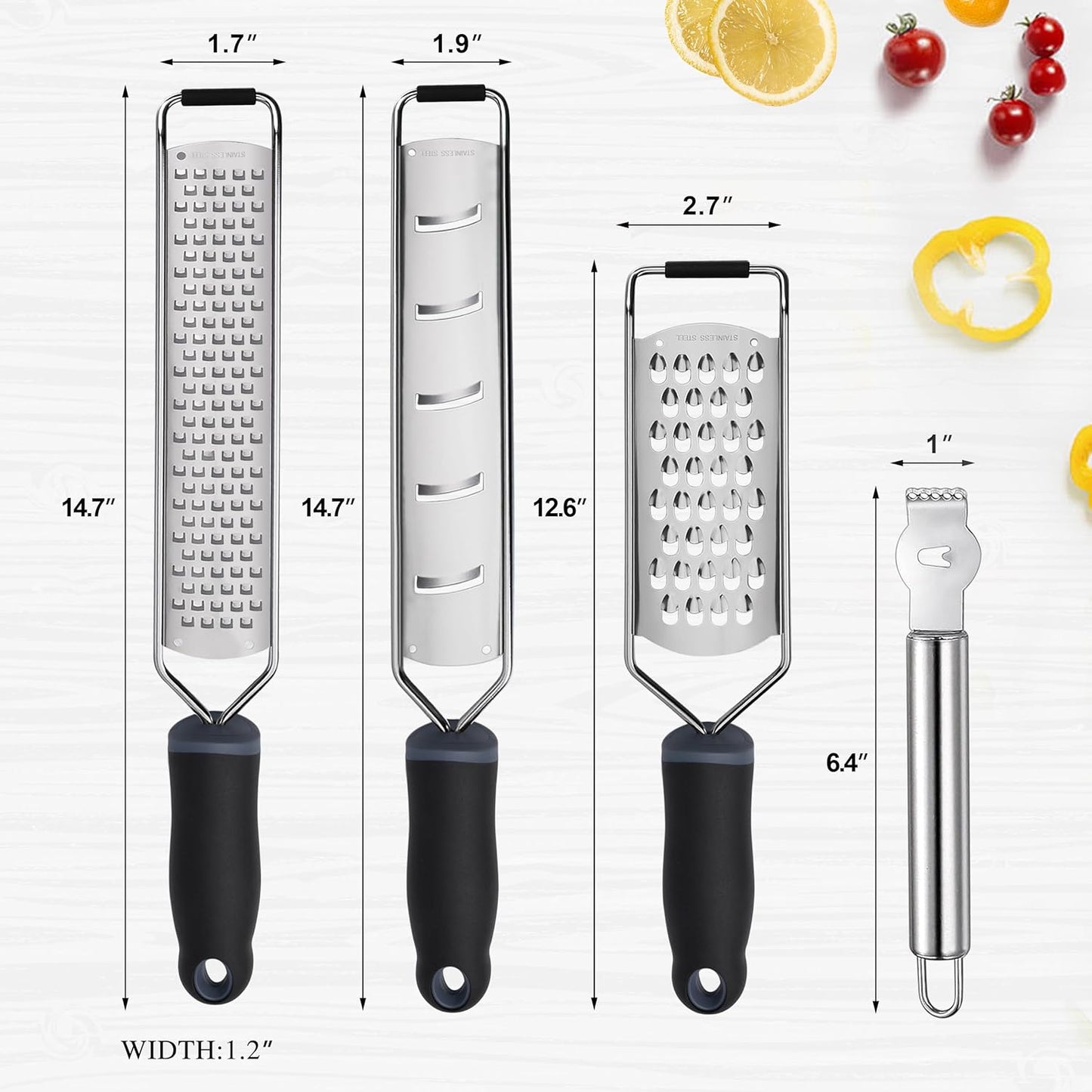 ALLWIN-HOUSEWARE Cheese Grater Zester Set of 5, 304 Stainless Steel with TPE Handle Kitchen Grater & Peeler & Slicer for Cheese, Lemon, Ginger, Garlic, Nutmeg, Fruits, Vegetables, Chocolate